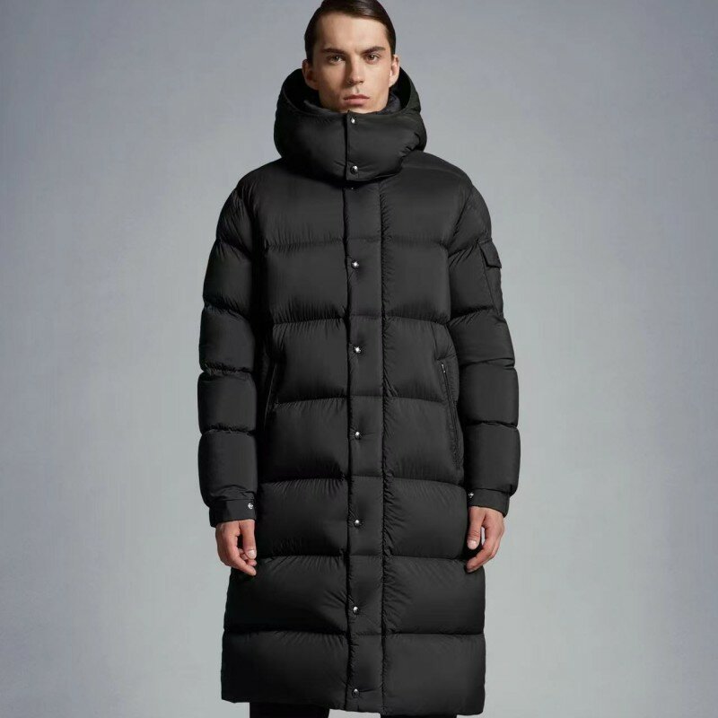 Jaket bertudung untuk pria, jaket bertudung pola panjang kasual Y2K permukaan Matte hangat mode mantel sebaris musim gugur dan musim dingin
