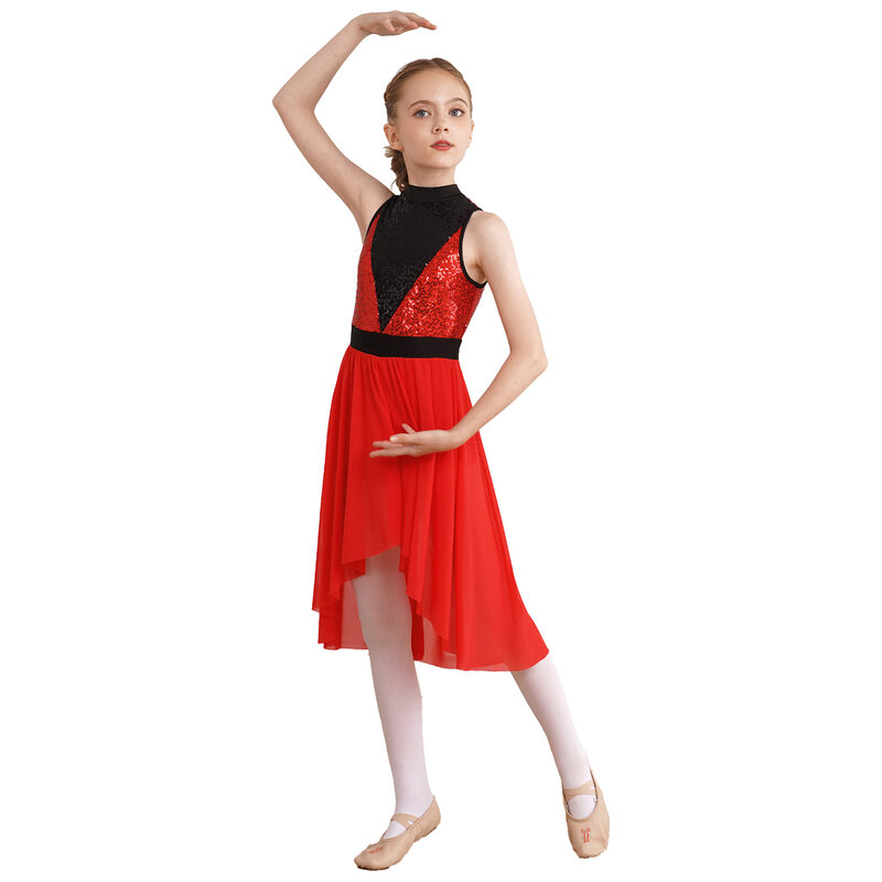 女の子のキラキラ光るダンスドレス、子供のためのスリムなジャンプスーツ、パフォーマンスドレス、子供のモダンなダンスウェア、ハイローメッシュスカート