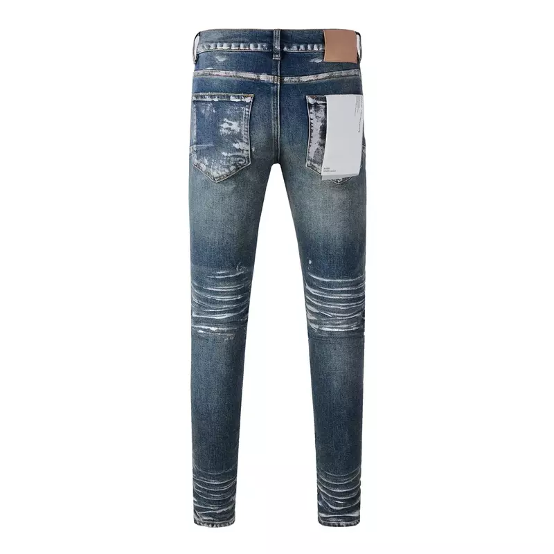 ROCA-Jeans com Luz, Azul Escuro e Tinta Prateada, Moda Angustiada, Reparação Low Rise, Skinny Denim Pants, Marca Roxa, Qualidade Superior