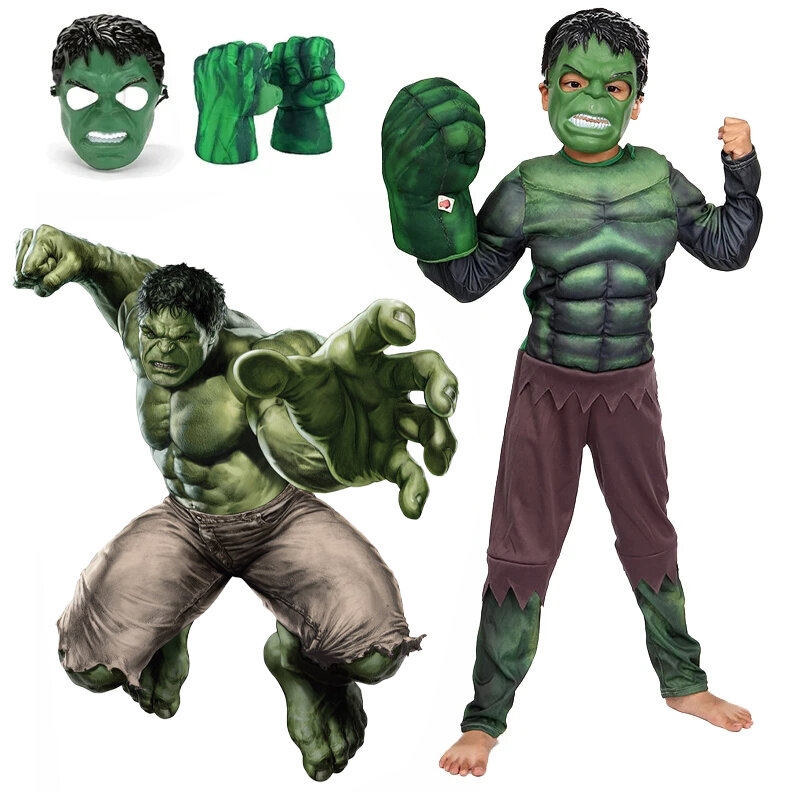 Hulk Cosplay Muscle Costume para Crianças, Super-herói, Punho, Máscara de Pelúcia, Luvas, Meninos, Halloween, Roupas de Natal