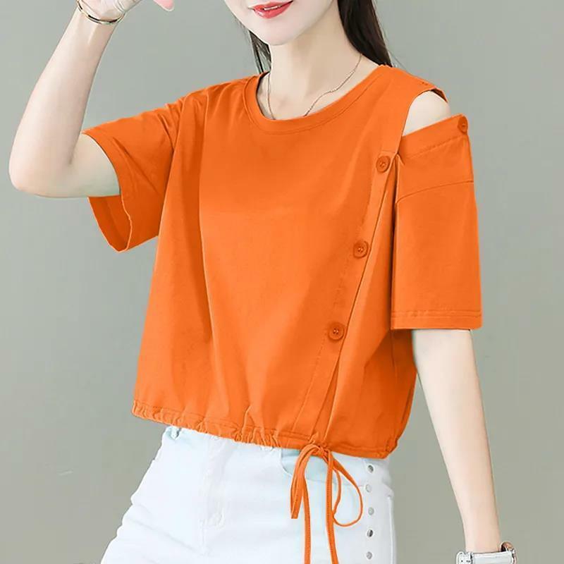 2024 Summer New Solid Color Women's Round Neck Hollow Lacing Button Off Shoulder Short Loose Fashion Short Sleeve T-shirt Tops