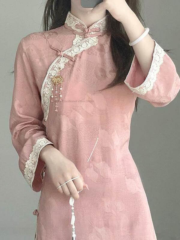 Vestido cheongsam de renda rosa feminino, vestido República da China, feminino melhorado, estilo asiático, Qipao gracioso, novo, primavera