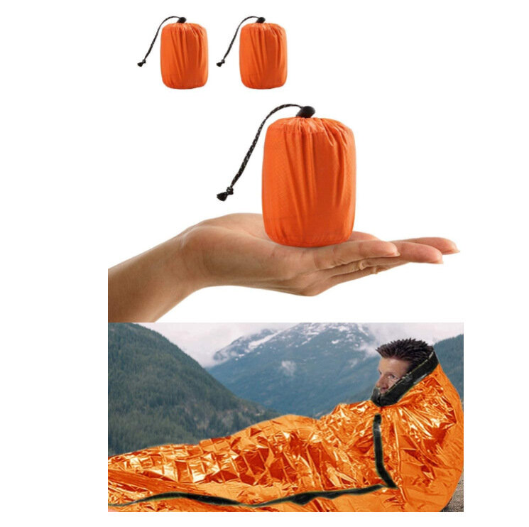 ถุงนอนเครื่องมือฉุกเฉินขนาด210*90ซม. ผ้าห่มฉนวนกันความร้อนสีส้มฟิล์มพีอีอลูมิไนซ์แคมป์ปิ้งฉุกเฉินถุงนอนเดี่ยว