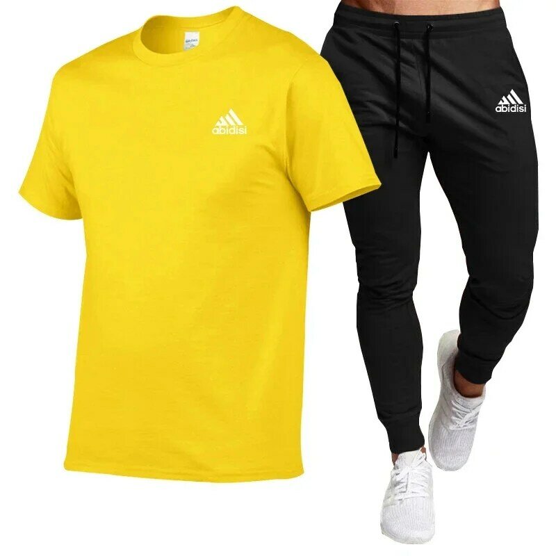 Лето 2024, модный Удобный мужской костюм, хлопковая футболка с коротким рукавом + черные слаксы, повседневная спортивная одежда из 2 предметов