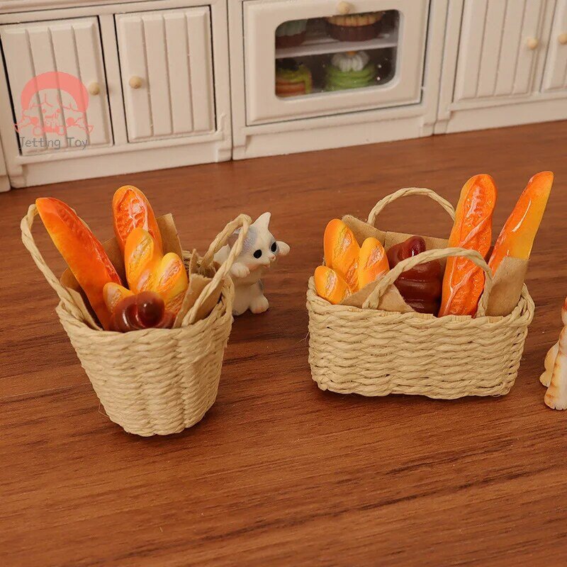 1/12 Dollhouse Simulation Bread With Basket Dollhouse Dessert Food Decoration Dolls House Kitchen Accessories