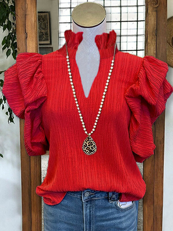 Textured Puff Sleeve Ruffled V-neck Top Solid Ribbed T-Shirt Casual Puff Sleeve Blouses For Spring & Summer