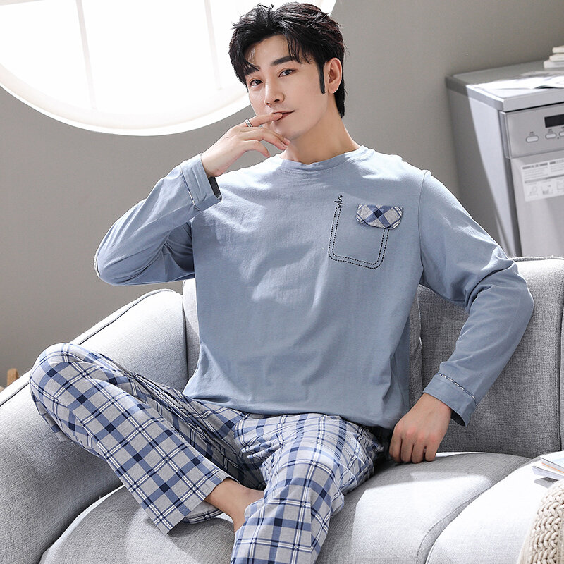 Conjunto pijama de algodão manga comprida masculino, roupa de dormir, lazer, roupa doméstica, primavera, outono, tricô, tamanho grande, L a 3XL