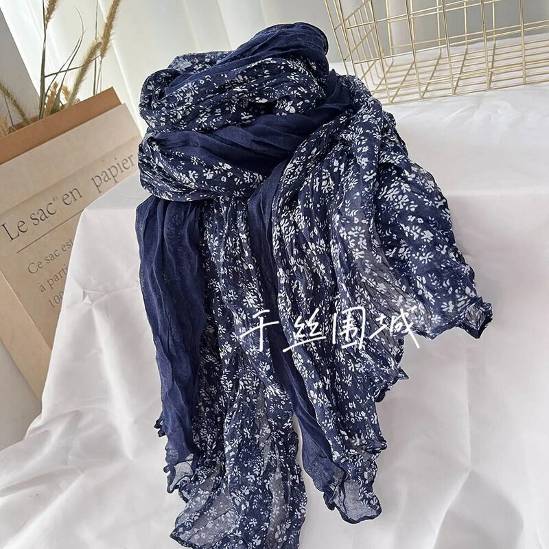 New Retro Artistic Cotton and Linen Pleats Thin and Versatile Shawl Small Floral Scarf Gauze Japanese Style Popular Lazy Style