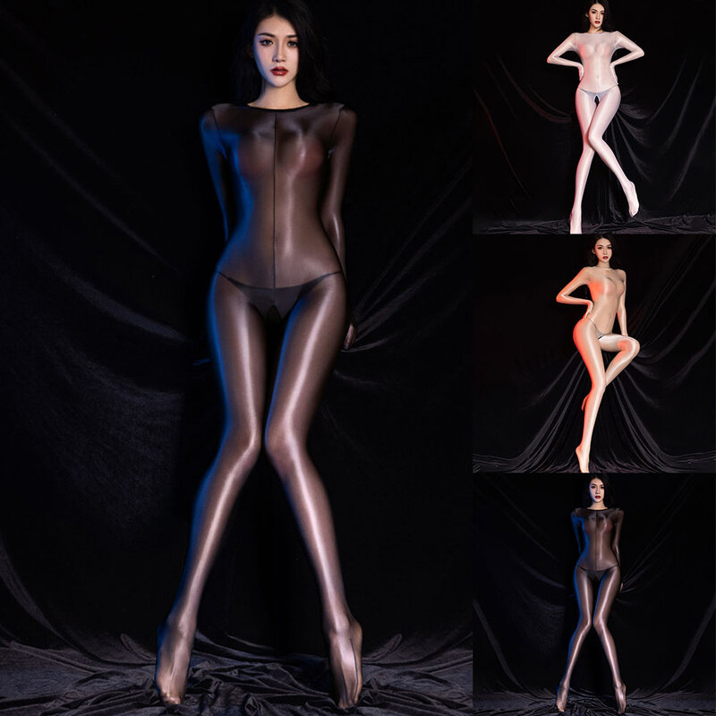 Frauen ultra dünne Öl glänzende Strumpfhosen transparente Bodysuit weibliche erotische Dessous Körper Strumpf offenen Schritt Bodys Versuchung