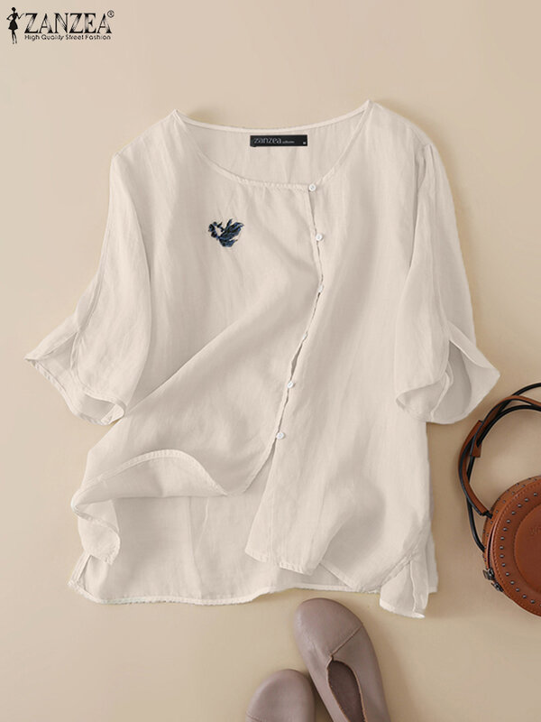 ZANZEA-Blusa de media manga con cuello en V para mujer, camisa Vintage con bordado Floral, Tops elegantes OL para el trabajo, camisa holgada informal de verano