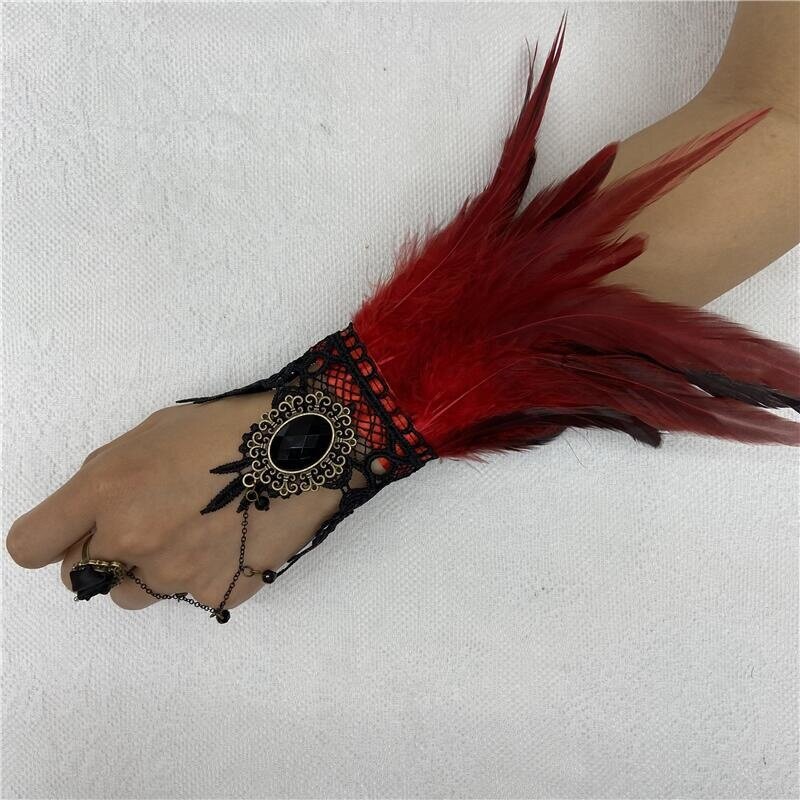 Halloween Feather koronkowe rękawiczki rękawiczki bez palców Goth sukienki na bal gotycki styl Y2k moda mosiężne kostki damskie pióro