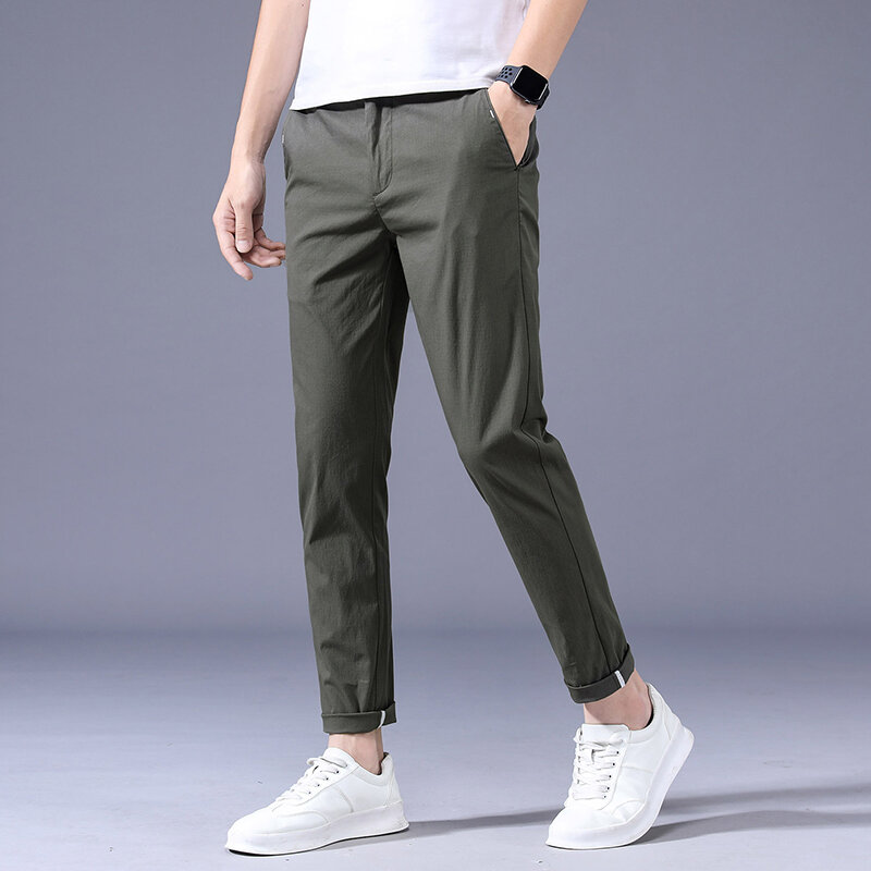 Брюки мужские деловые тонкие, воздухопроницаемые зауженные прямые высокоэластичные облегающие повседневные брендовые штаны, цвета хаки, серый, зеленый, черный