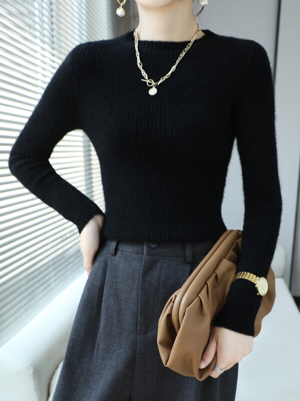 Aliselect damski sweter z dekoltem w kształcie litery "o" 100% wełna merynosów sweter solidna dzianina z kaszmiru prosty elegancki sweter wiosna jesień zima