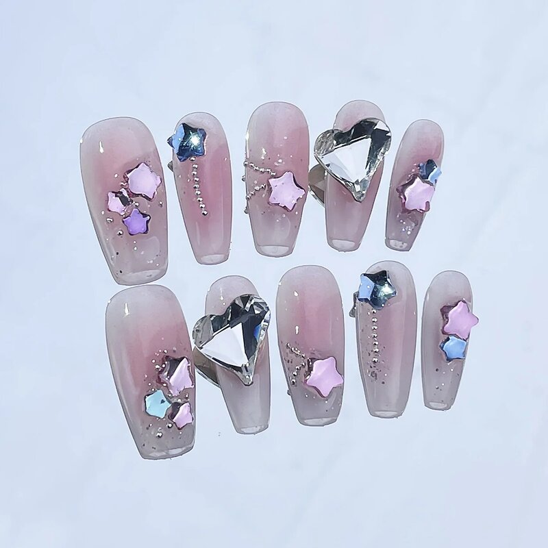 10Pcs Blush Pink Handmade Press On Nails Ballet Fake Nail with 3D Butterfly Rhinestone Full Cover Wearable Artificial Nail Tips