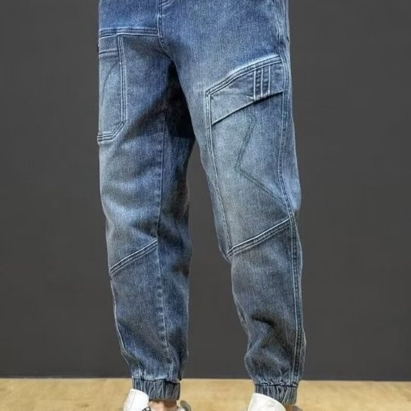 Брюки мужские с эластичным поясом, повседневные джинсовые штаны с усадочными манжетами, с множеством карманов, из денима в стиле хип-хоп, для бега, уличная одежда