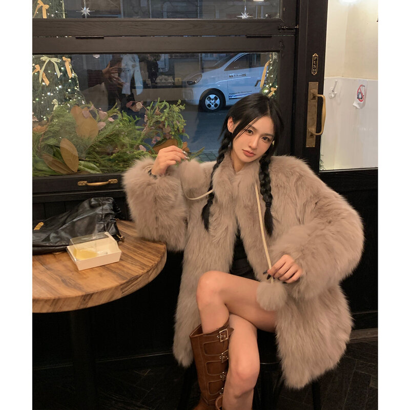 Leather Fur Coat Women's Solid Color Thickened Belly Fur Stand Collar Long Sleeve Mid-Length Autumn and Winter Fashion Loose 1Pc