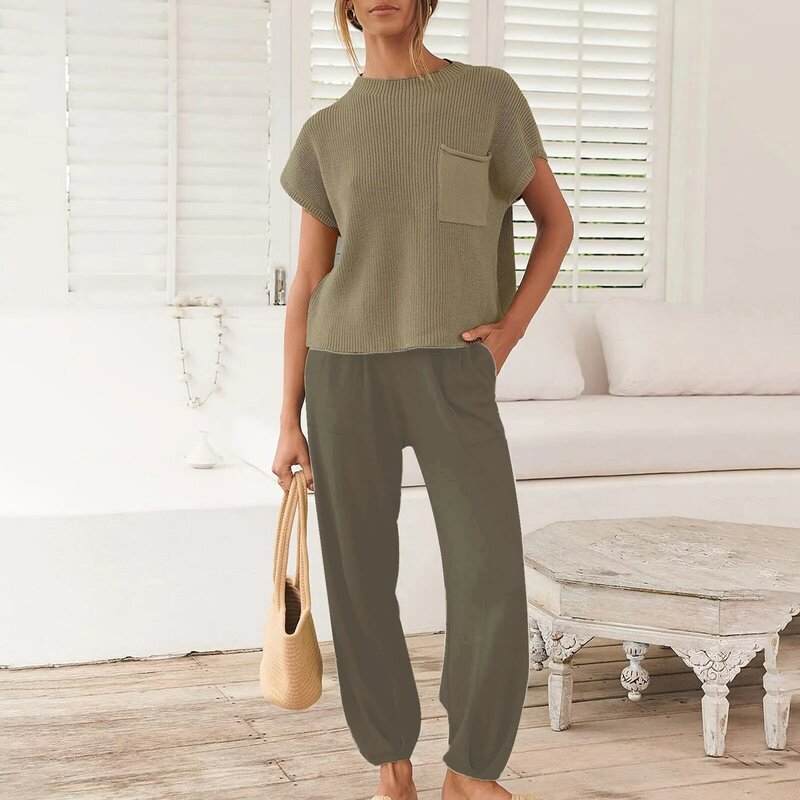 Zweiteilige Damen-Outfits 2024 Pullover-Sets Kurzarm-T-Shirt-Pullover mit Rundhals ausschnitt und hoch taillierte Hosen-Lounge-Sets