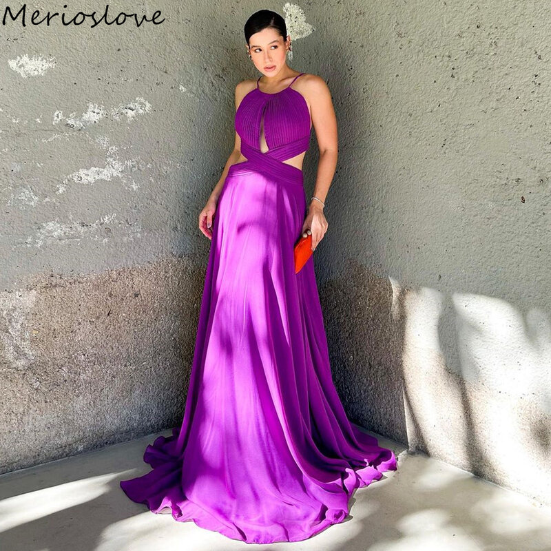 Merioslove gaun Prom sifon ungu Halter tanpa lengan lipit Ruched A-Line gaun malam pesta wanita Arab Saudi 2024