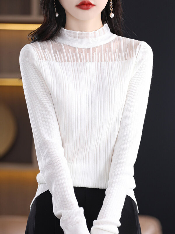 2024 Spring And Summer New Women'S Clothing Wooden Lace Base Shirt Chiffon Mesh Long Sleeve Top Temperament All-Match