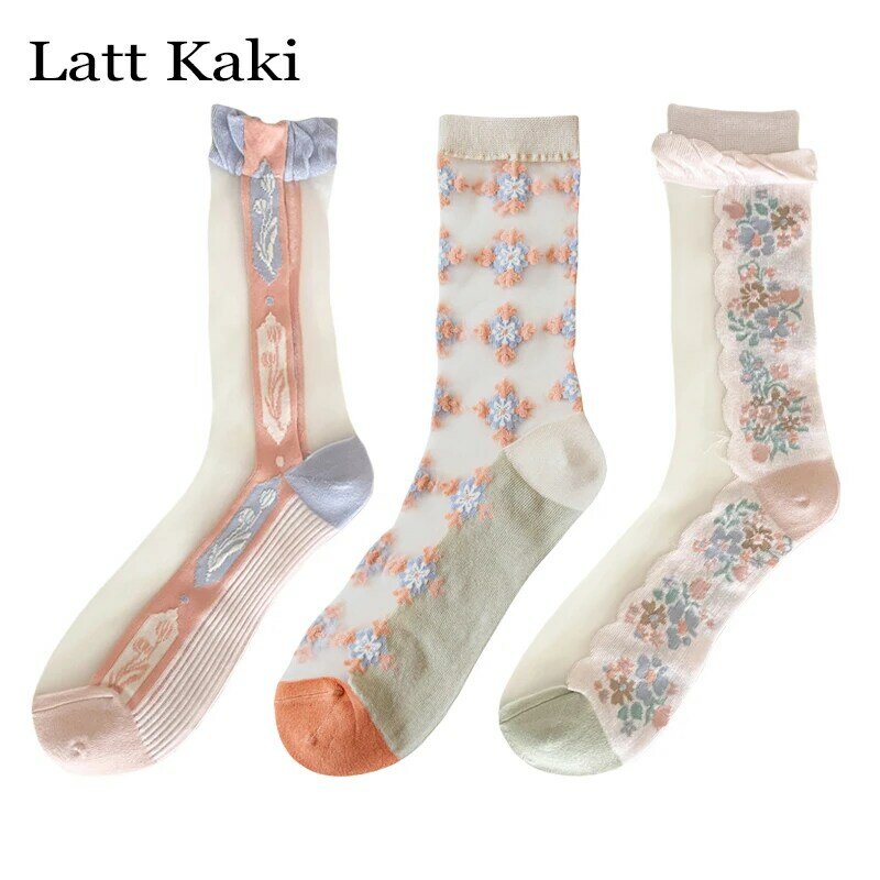 Kaus kaki wanita isi 3 pasang, Kaos Kaki tipis transparan motif bunga berwarna campuran gaya Korea musim panas, kaus kaki panjang transparan untuk wanita isi 3 pasang
