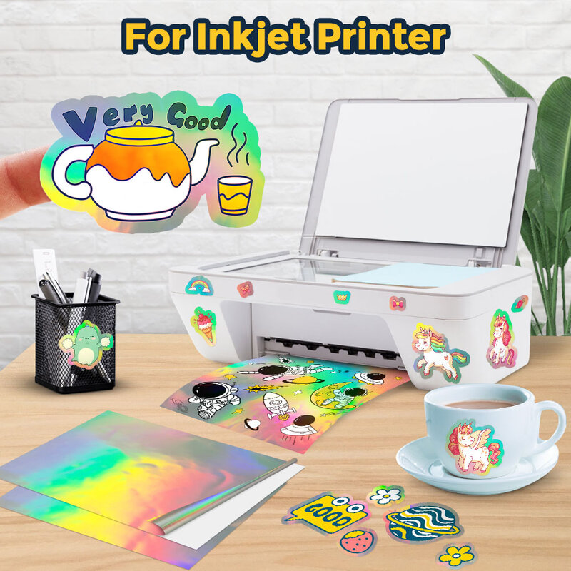 10 Lembar Kertas Stiker Vinil Dapat Dicetak Holografis A4 Kertas Fotokopi Putih Transparan Perekat DIY Kerajinan untuk Printer Inkjet