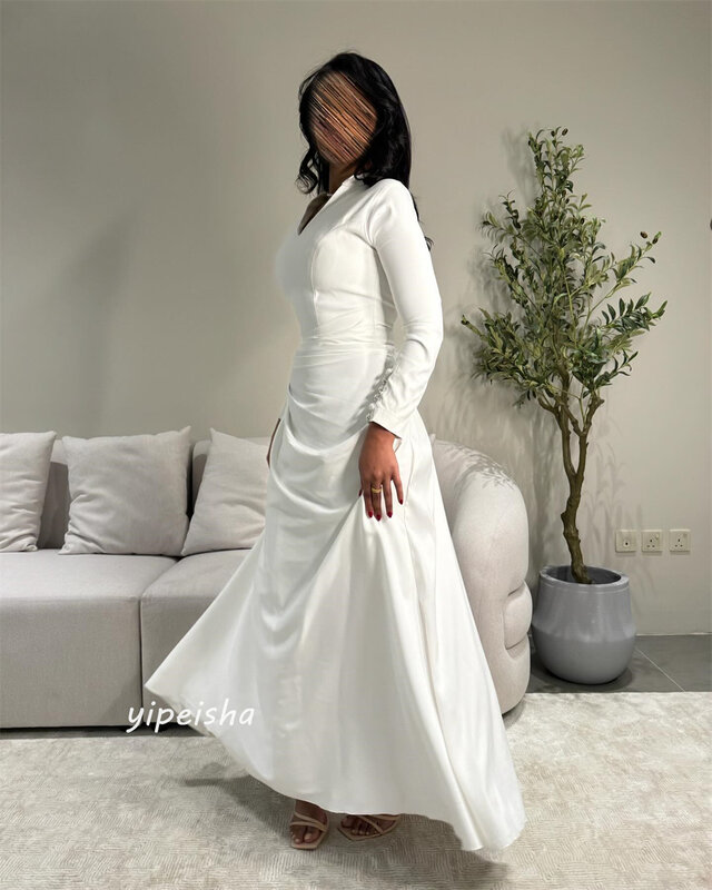 Satin Pleat Button Prom A-line V-neck Bespoke Occasion Gown Midi Dresses