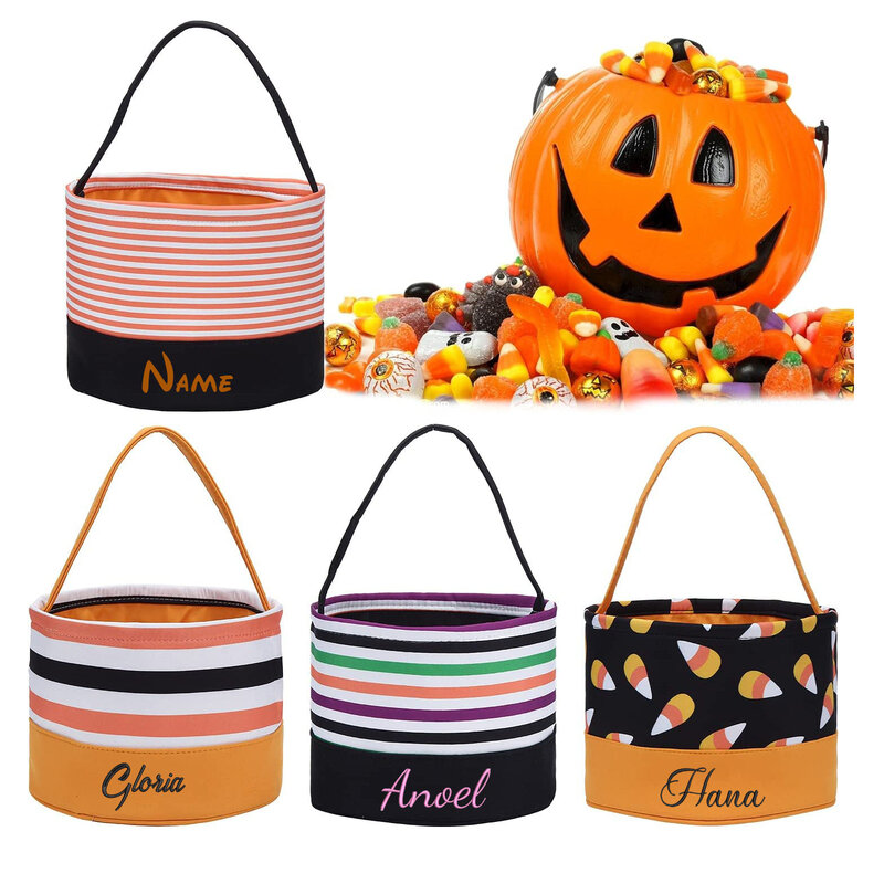 Bolsas de dulces de Halloween bordadas personalizadas, cubos de dulces de Halloween, bolso de mano de tela con cualquier nombre, bolsa de regalo para Halloween