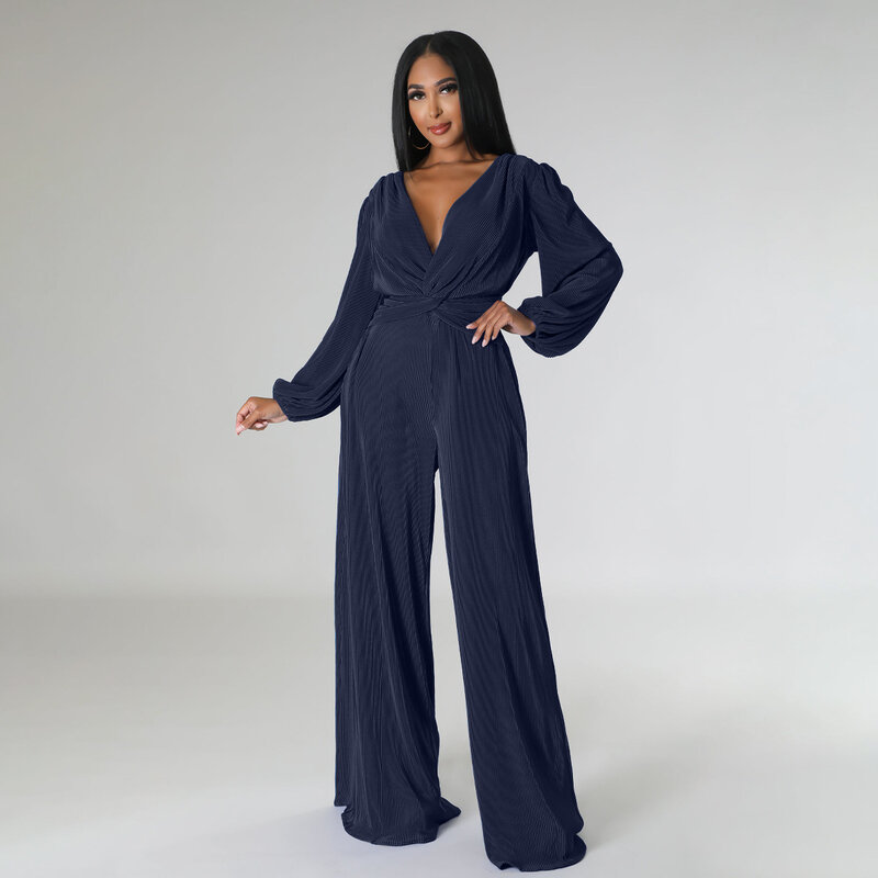 BKLD Clothes For Women Autumn And Winter V-Neck Pleated Fabric Long Sleeve High Waist Wide Leg Pants Jumpsuit Women One Pieces