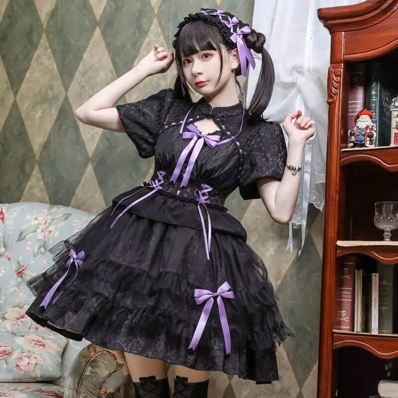 Halloween Gothic Lolita Dress Women Kawaii Bow Party Purple Pink Black Short-sleeved Princess Dresses Girls Sweet Costume Dress