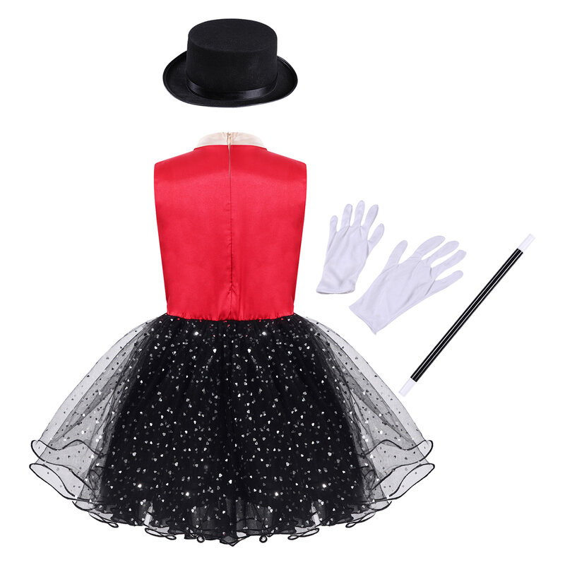 Halloween Kinder Mädchen Zirkus Cosplay Kostüm Set ärmellose Mock Neck Back Reiß verschluss Tutu Kleid mit Hut Zauberstab Handschuhe verkleiden