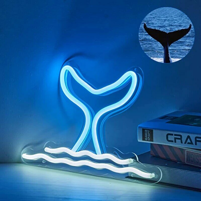 青いクジラの尾の波のネオンサインアートウォールランプ、USB美的、部屋の装飾、子供の部屋、家庭、バー、パーティー、面白いLEDライトのギフト