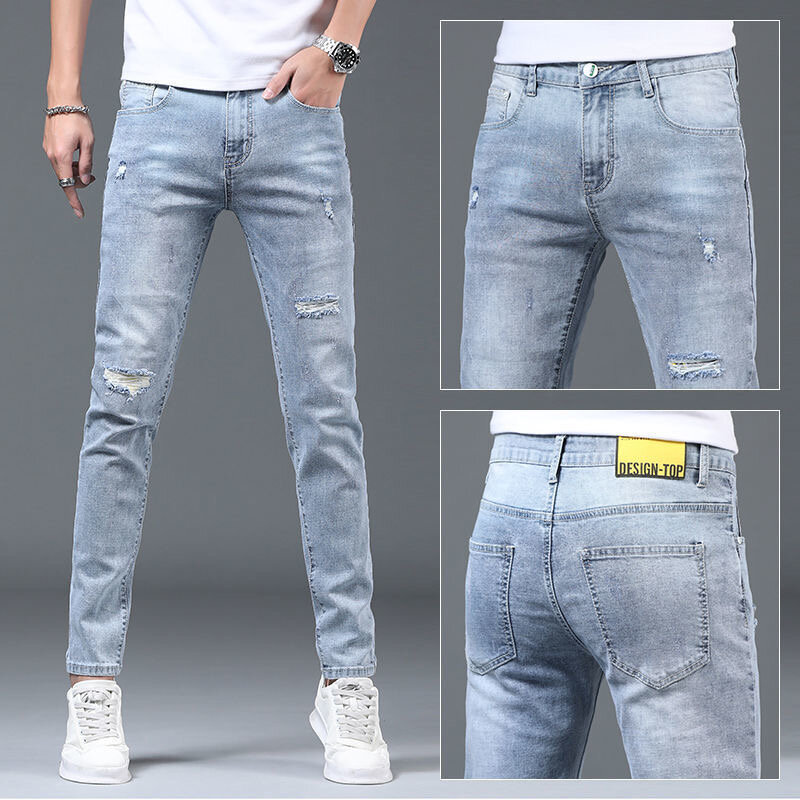 2024 Spring and Autumn Fashion Trend Solid Color Elastic Small Legs Men's Casual Slim Comfortable Breathable High-Quality Jeans