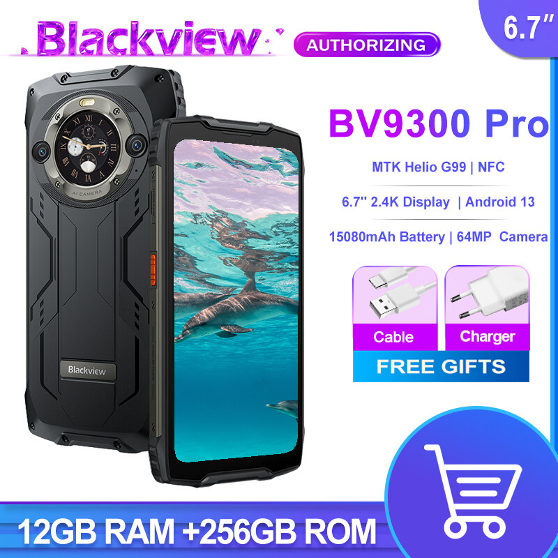 頑丈なスマートフォンBlackview-BV9300プロ,6.7インチディスプレイ,12GB, 256GB, Helio g99,15080mAhバッテリー,64MPカメラ,33w電話