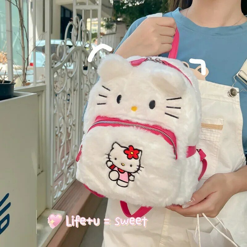 Hello Kitty Fashion Cute Fluffy Backpack Cartoon Print Children's Mini Go Out Storage Bag New Girl Sweet One Shoulder Backpack