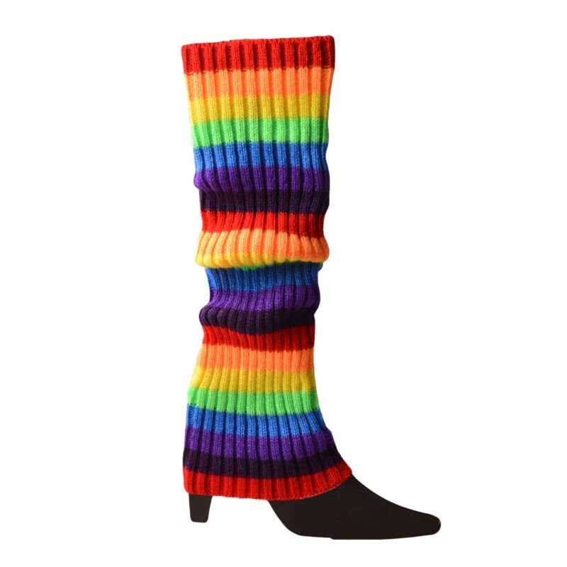 80S 90S Wanita Anak Perempuan Rajutan Skating Penghangat Kaki Neon Pelangi Bergaris Crochet Bergaris Setinggi Lutut Kaus Kaki untuk Aksesori Pesta