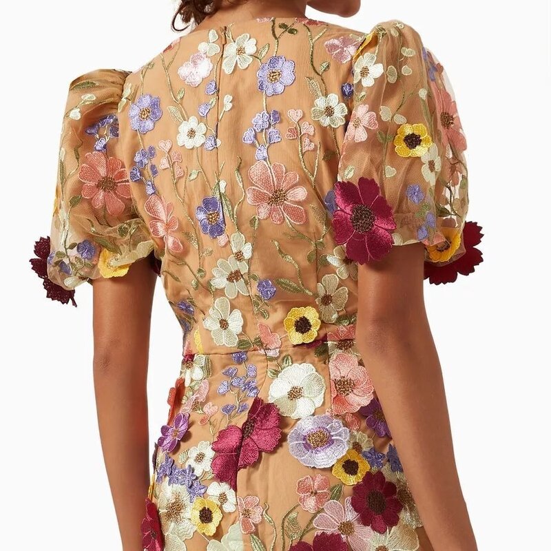 Vestido de manga farol con cuello en V y flores para primavera y verano, novedad de 2024