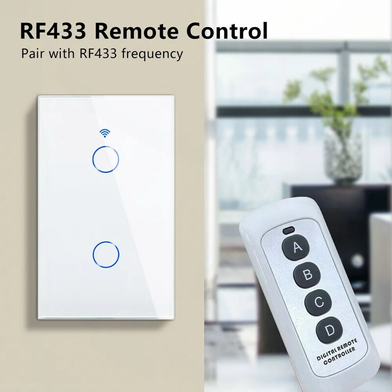 Interruptor inteligente de pared RF433 para el hogar, dispositivo con WiFi, 1/2/3 entradas, sin cable neutro, Sensor táctil, luz LED, compatible con Alexa y Google Home, Tuya y EE. UU.