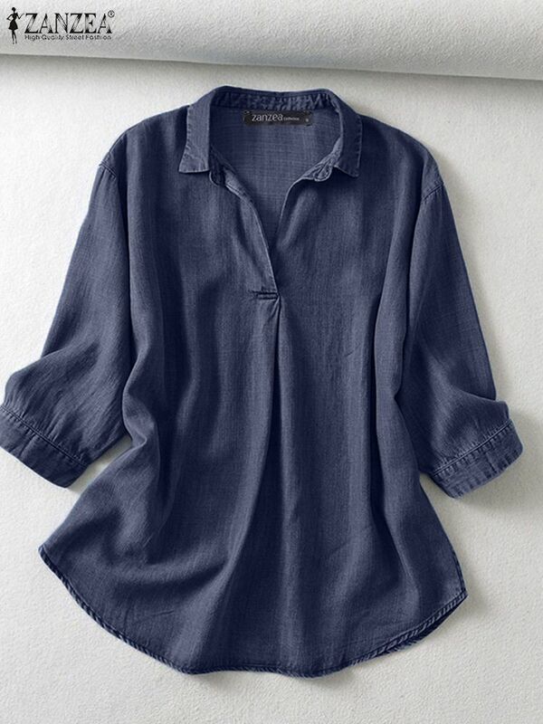 Женская летняя блузка ZANZEA с V-образным вырезом и рукавом 3/4, джинсовая голубая рубашка, элегантные однотонные деловые топы, повседневные свободные офисные Блузы оверсайз