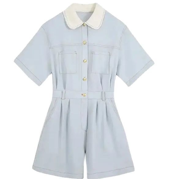 Kleid Stram pler blau britische kurze Frau Französisch Polo-Ausschnitt Sommer neue Mode weibliche Vintage Chic Pendeln Clothers