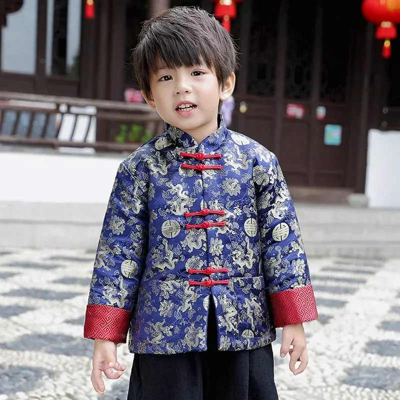 Conjunto de ropa tradicional china para niños, traje Tang de dragón dorado de lujo Retro, Top de satén estampado, pantalones, Festival de Año Nuevo