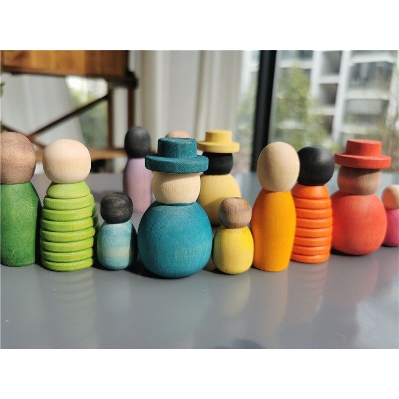 Holz Montessori Spielzeug Handmade Regenbogen Peg Puppen Zusammen Stapeln Figuren Blöcke Für Kinder Open-ended Spielen