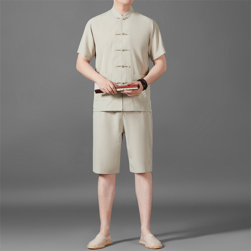 Tang Anzug chinesischen Stil für Männer High-End-Sommer dünne Hanfu dunkel zellige Stickerei Anzug Stehkragen Kurzarm Anzug