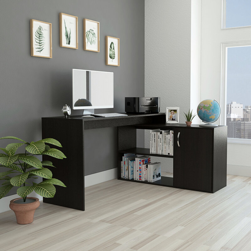 Escritorio de oficina en forma de L con diseño de 2 estantes espacioso y conveniente, 1 cajón para organizar esenciales, moderno lynacantilado negro Wengue