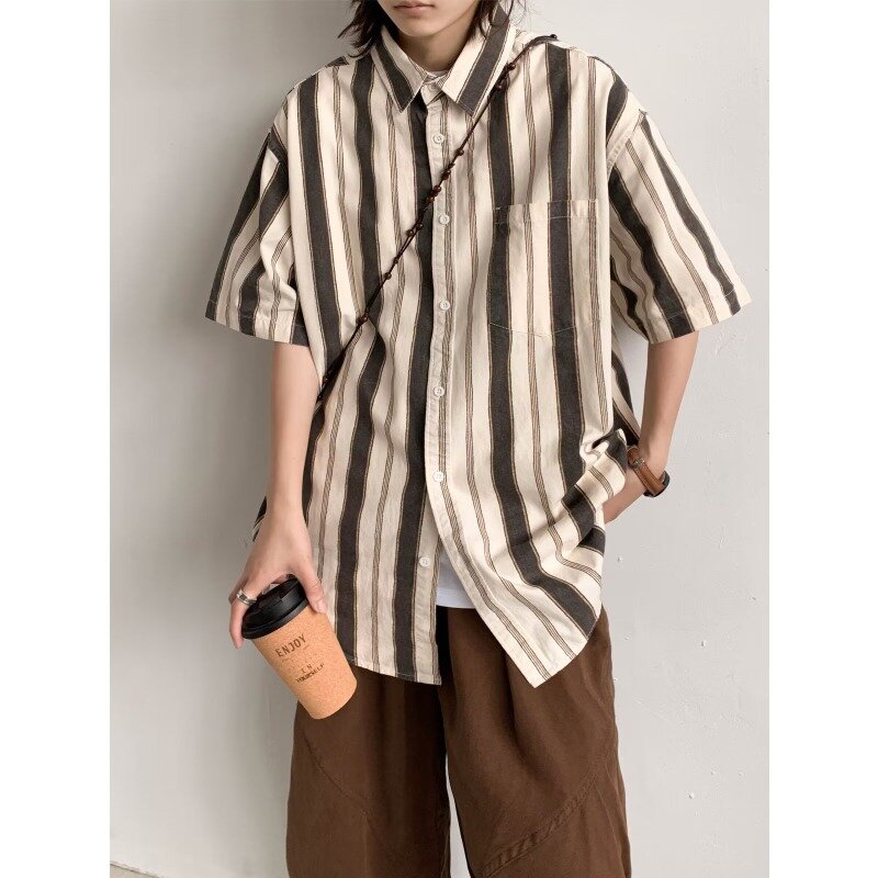 2024 New Summer Retro Striped Shirt Short Sleeved Work Shirt for Boys and Girls Mens Shirt
