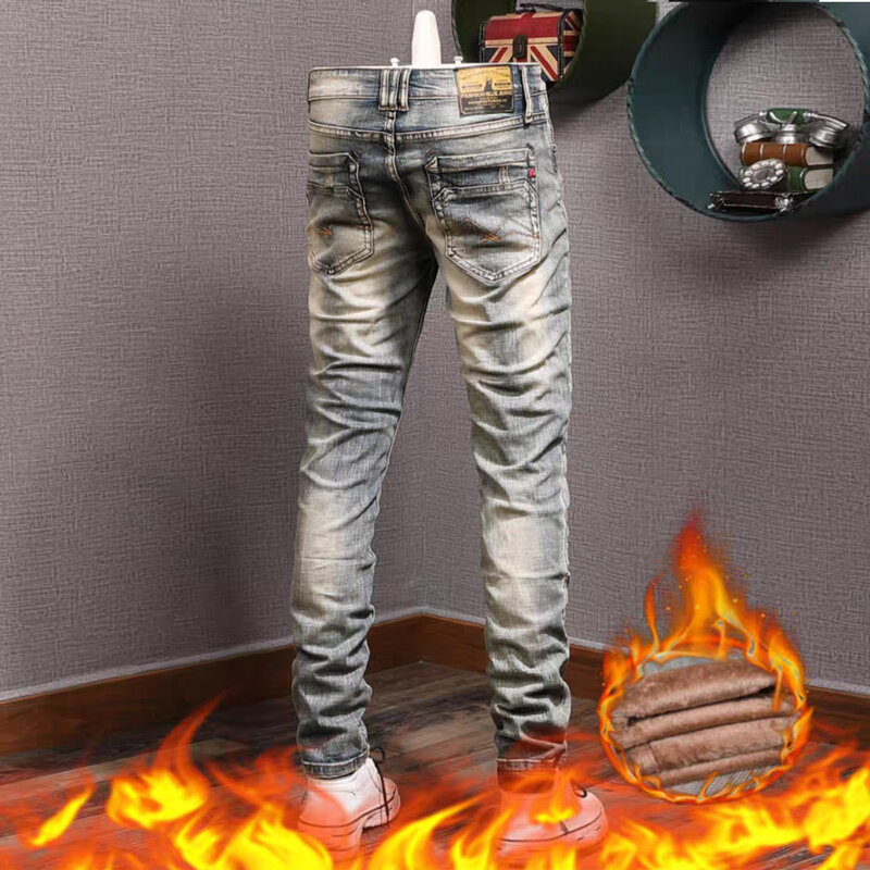 Модные Дизайнерские мужские джинсы Ретро Черные Серые Стрейчевые зауженные рваные джинсы мужские винтажные бархатные джинсовые брюки зимние теплые брюки