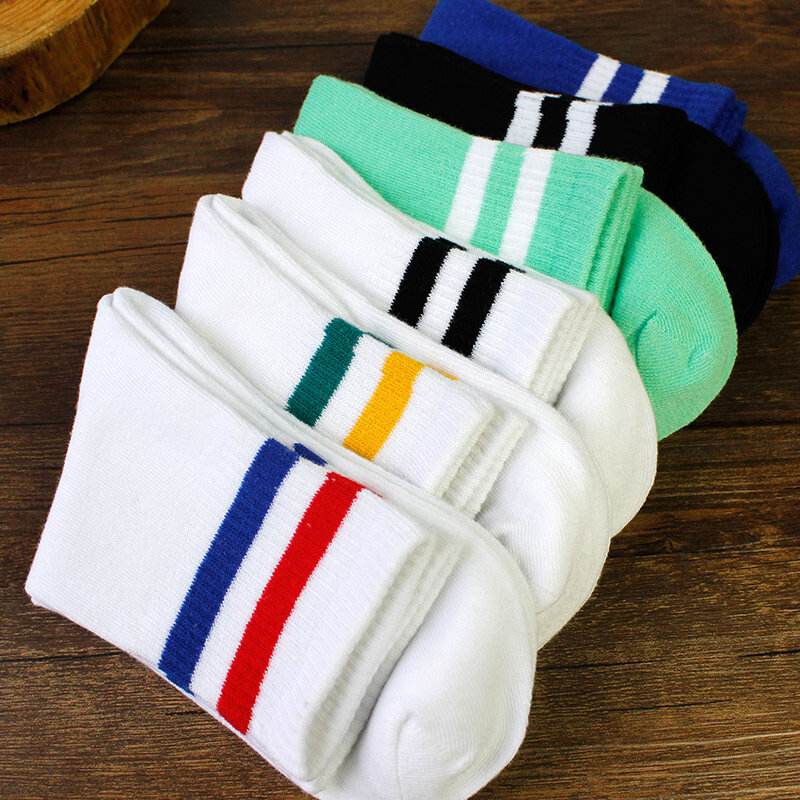 Summer Couple Sports Socks Men's and Women's Solid Color Pure Cotton Breathable Rare Medium Length Socks Two Bar Short Socks
