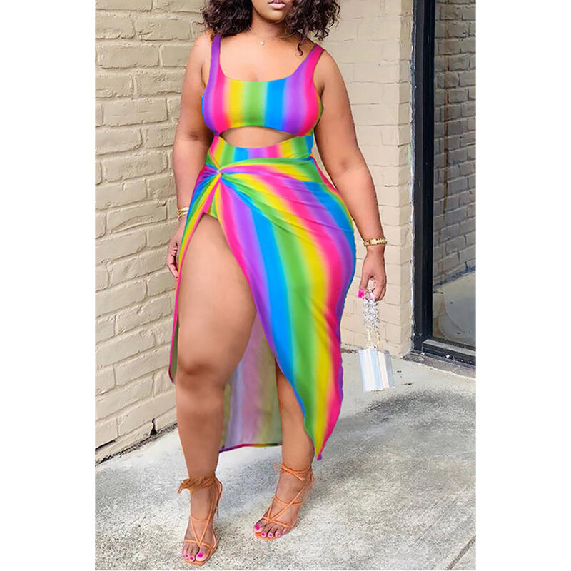Plus Size Multicolor Casual Rainbow Print Hollow Two Piece Tankinis Swimsuit