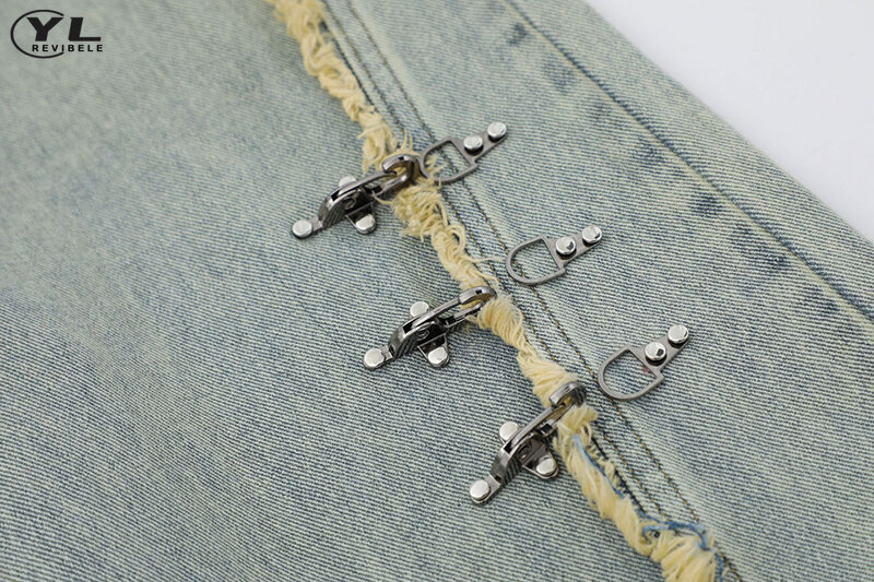 Desain logam kaki lebar celana Denim pria wanita Harajuku High Street Raw Edge lurus Vintage Jeans longgar kasual celana Musim Semi