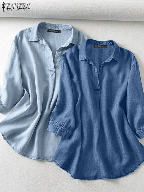 ZANZEA damska letnia bluzka z dekoltem w szpic 3/4 rękaw niebieska koszula elegancka solidna bluzki do pracy luźna bluza biurowa Oversize