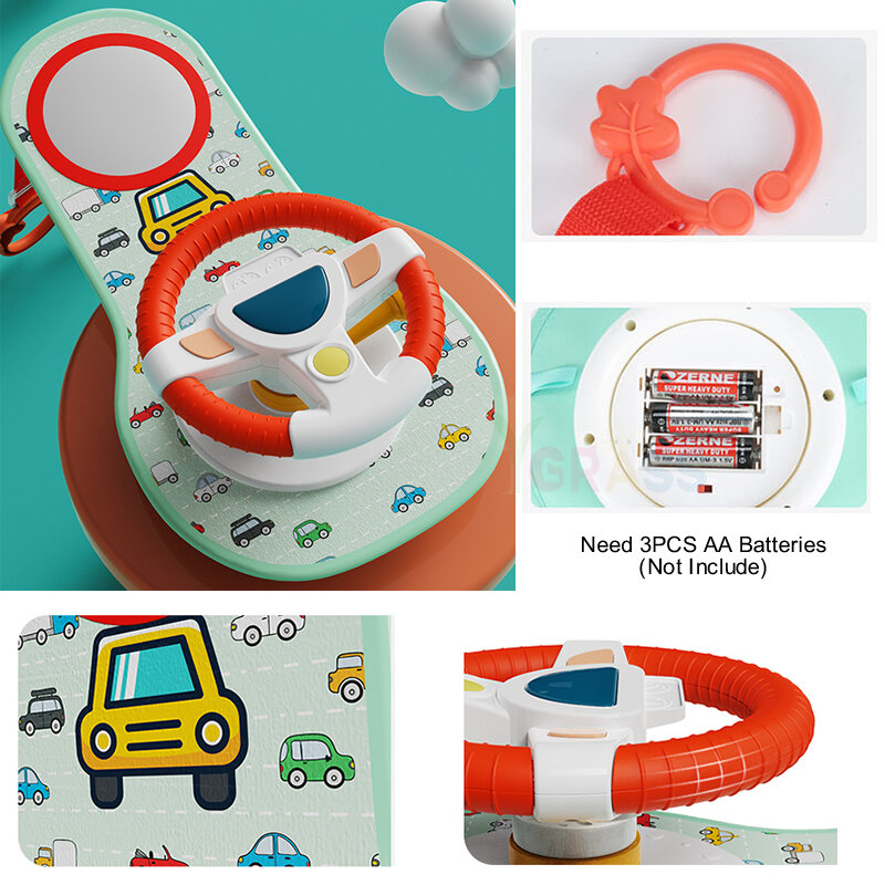 Assento de carro com simulação musical volante, brinquedo com luz, para o bebê, viagens, infante, menina e menino, presentes